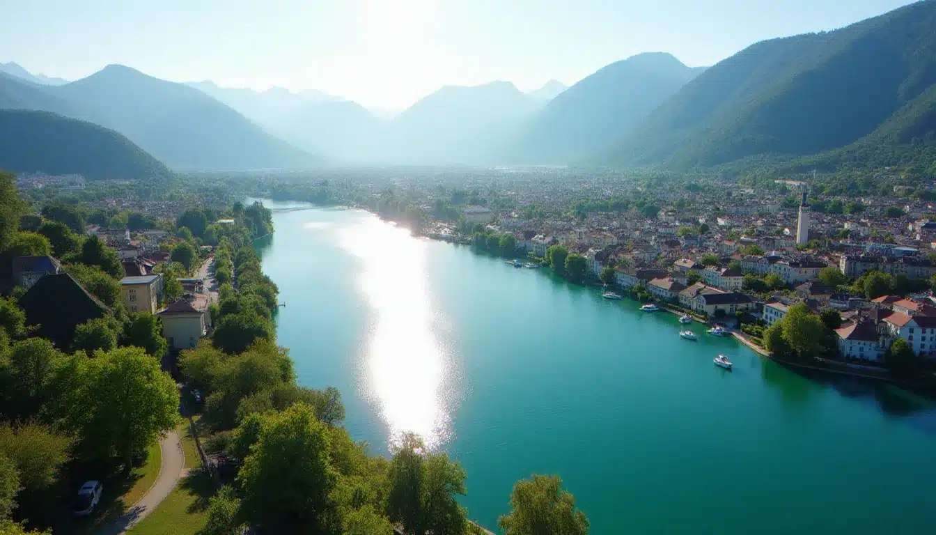 Vue panoramique d'Aix-les-Bains en été avec le lac du Bourget en arrière-plan, cadre naturel et élégant de l'événement gourmand