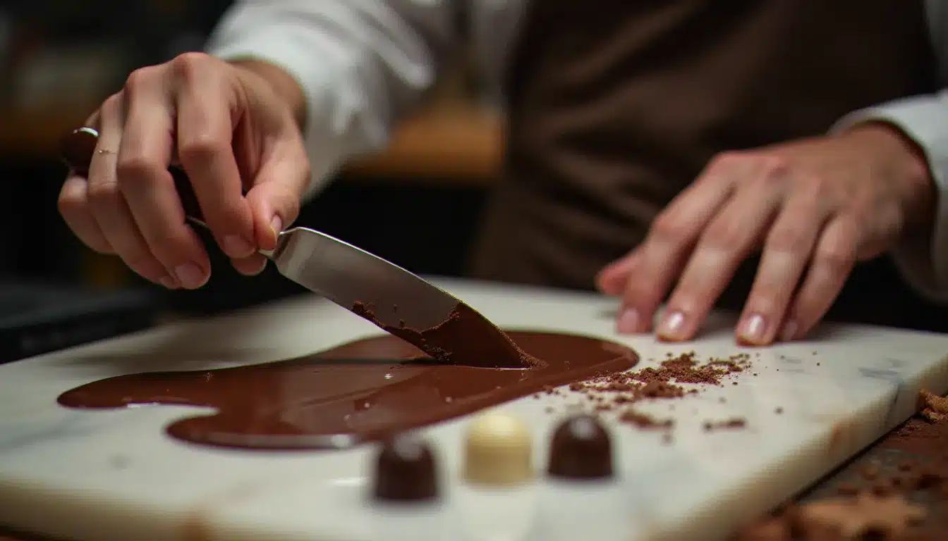 Maître chocolatier réalisant une démonstration de tempérage du chocolat en direct lors de la Fête du Chocolat à Aix-les-Bains