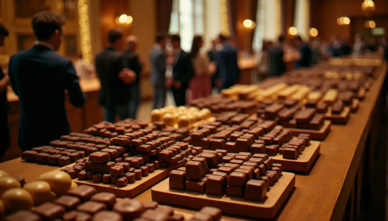 Stand de chocolats artisanaux présentant tablettes et bonbons lors d'un événement aujourd'hui à Aix-les-Bains, la Grande Fête du Chocolat