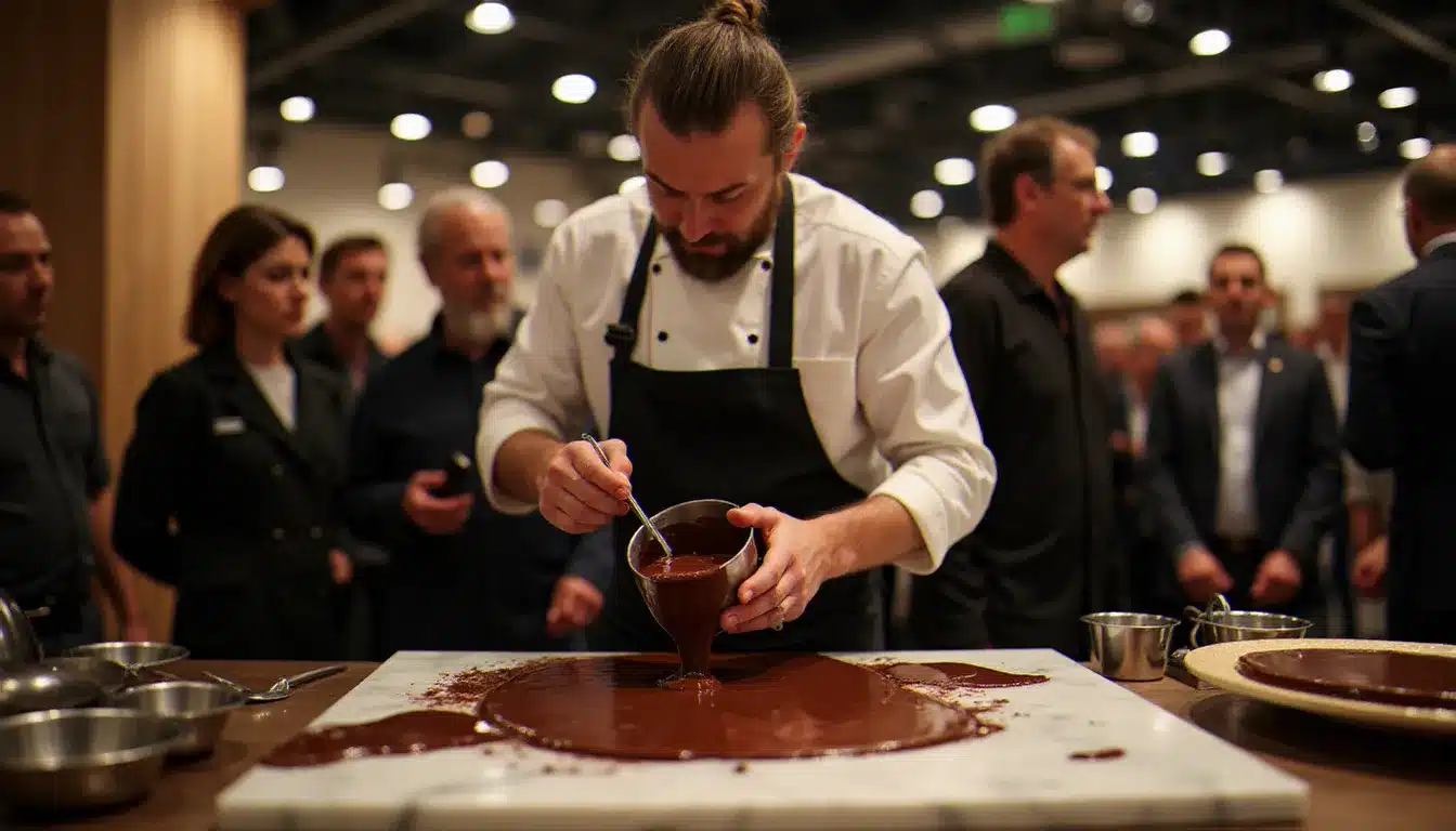 Un maître chocolatier réalisant une démonstration de tempérage en direct lors d'un atelier de l'Événement, devant un groupe de visiteurs attentifs fascinés par la technique