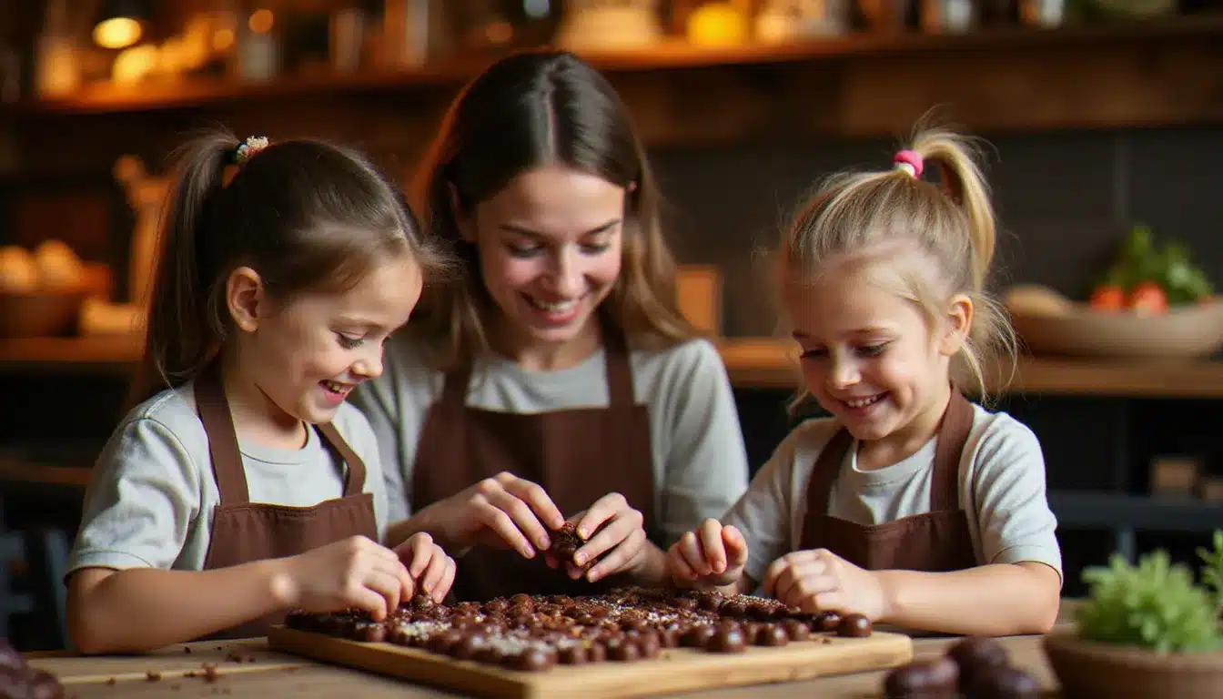Des enfants en tablier participant à un atelier de décoration de chocolats lors de l'Événement, guidés par une chocolatière souriante dans une ambiance festive et chaleureuse