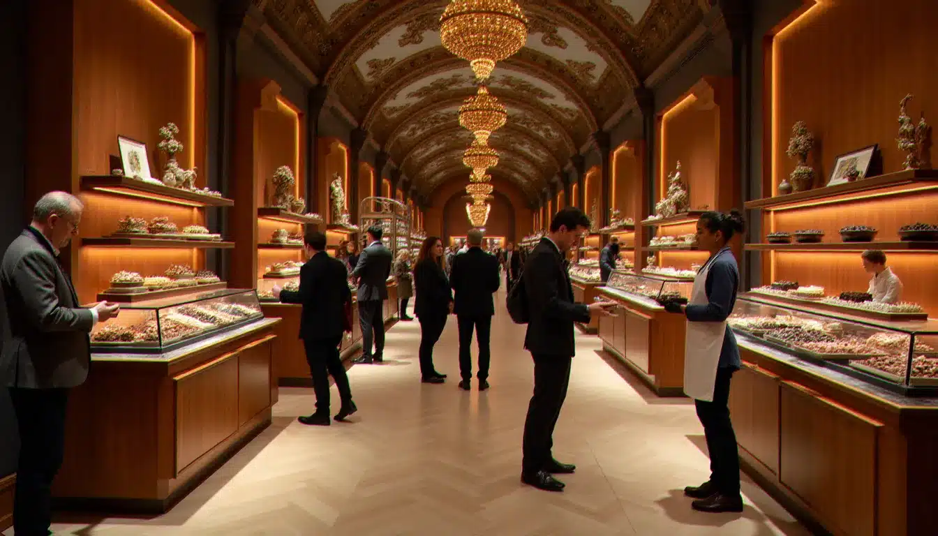 Vue panoramique d'un grand Événement chocolatier à Paris, avec des stands en bois couverts de chocolats artisanaux et des visiteurs élégants en train de déguster