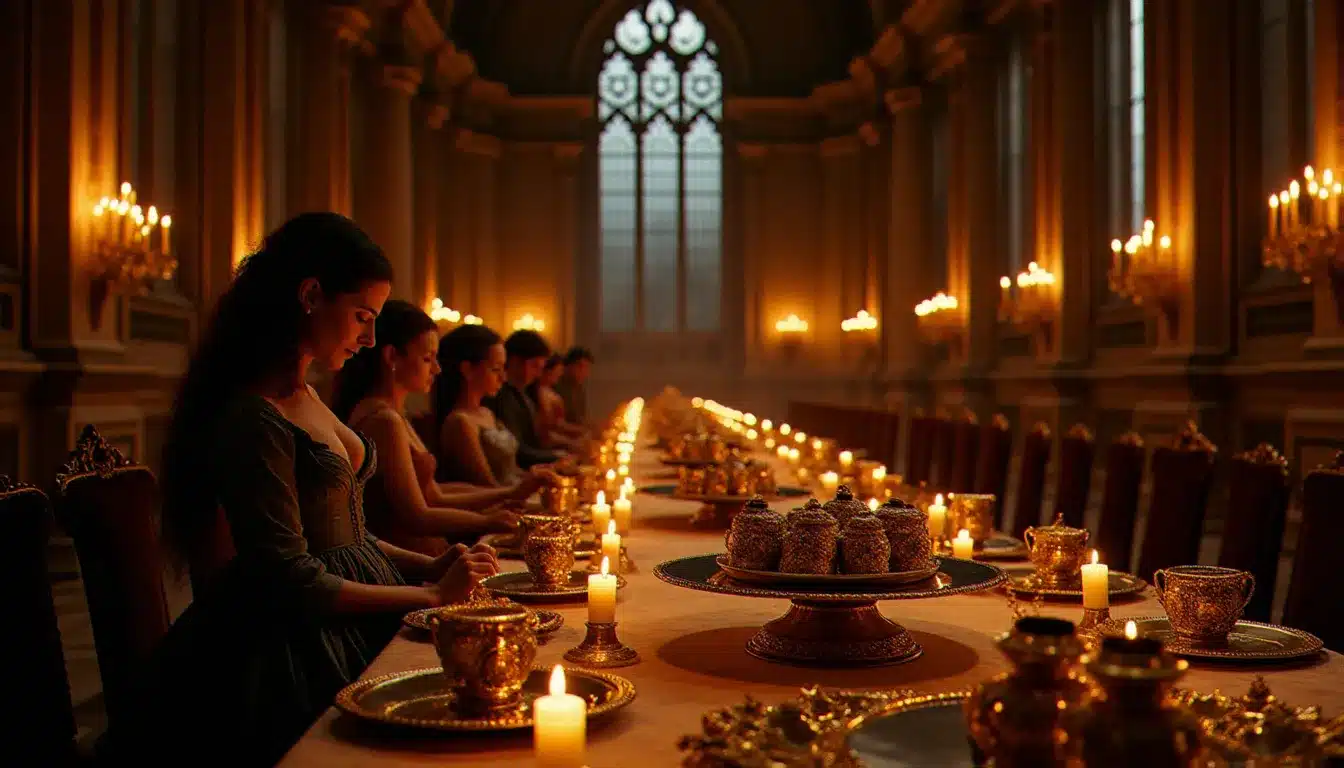 Salle de banquet baroque avec plateau de boissons au cacao dans des coupes dorées et invités en costumes d'époque, illustrant une fête immersive à thème chocolat et histoire alternative