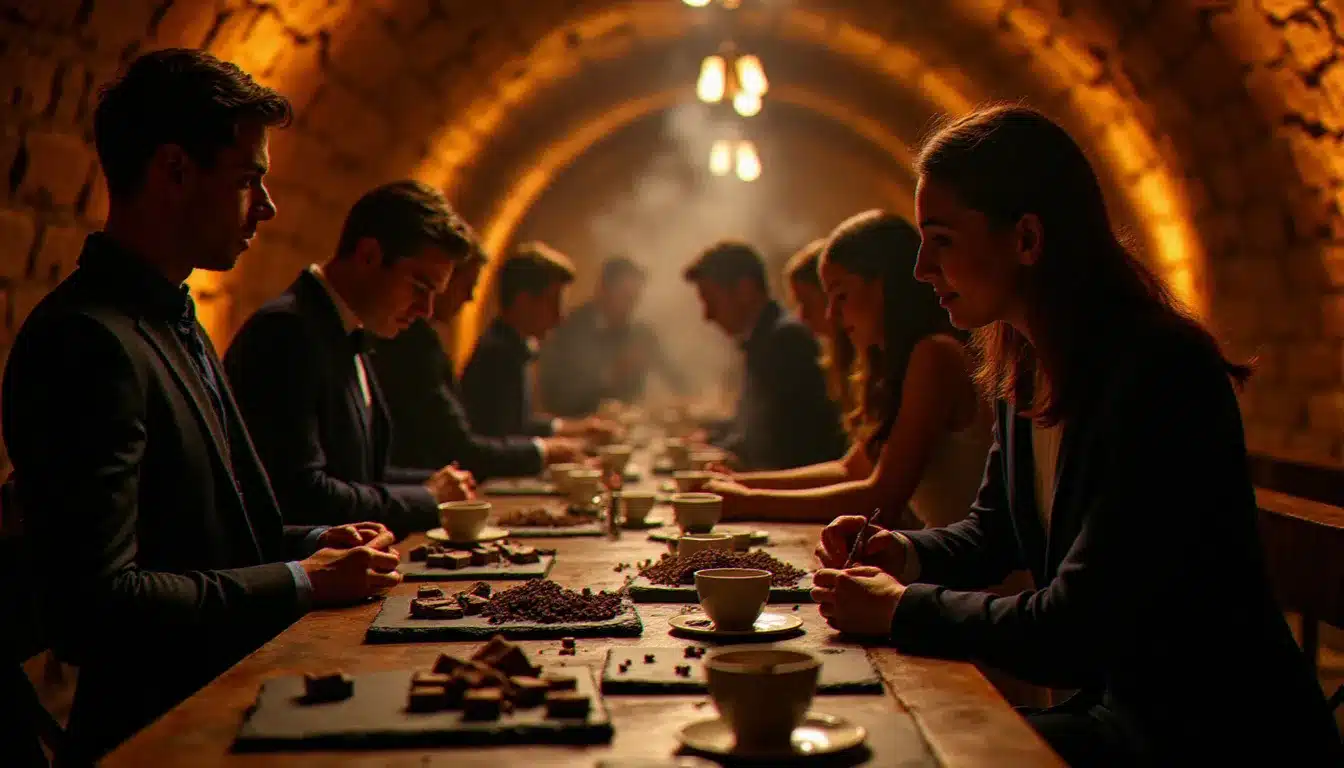 Dégustation de chocolat immersive en cave voûtée avec éclairages ambrés et décors historiques, expérience uchronique lors d'un grand évènement gourmand contemporain