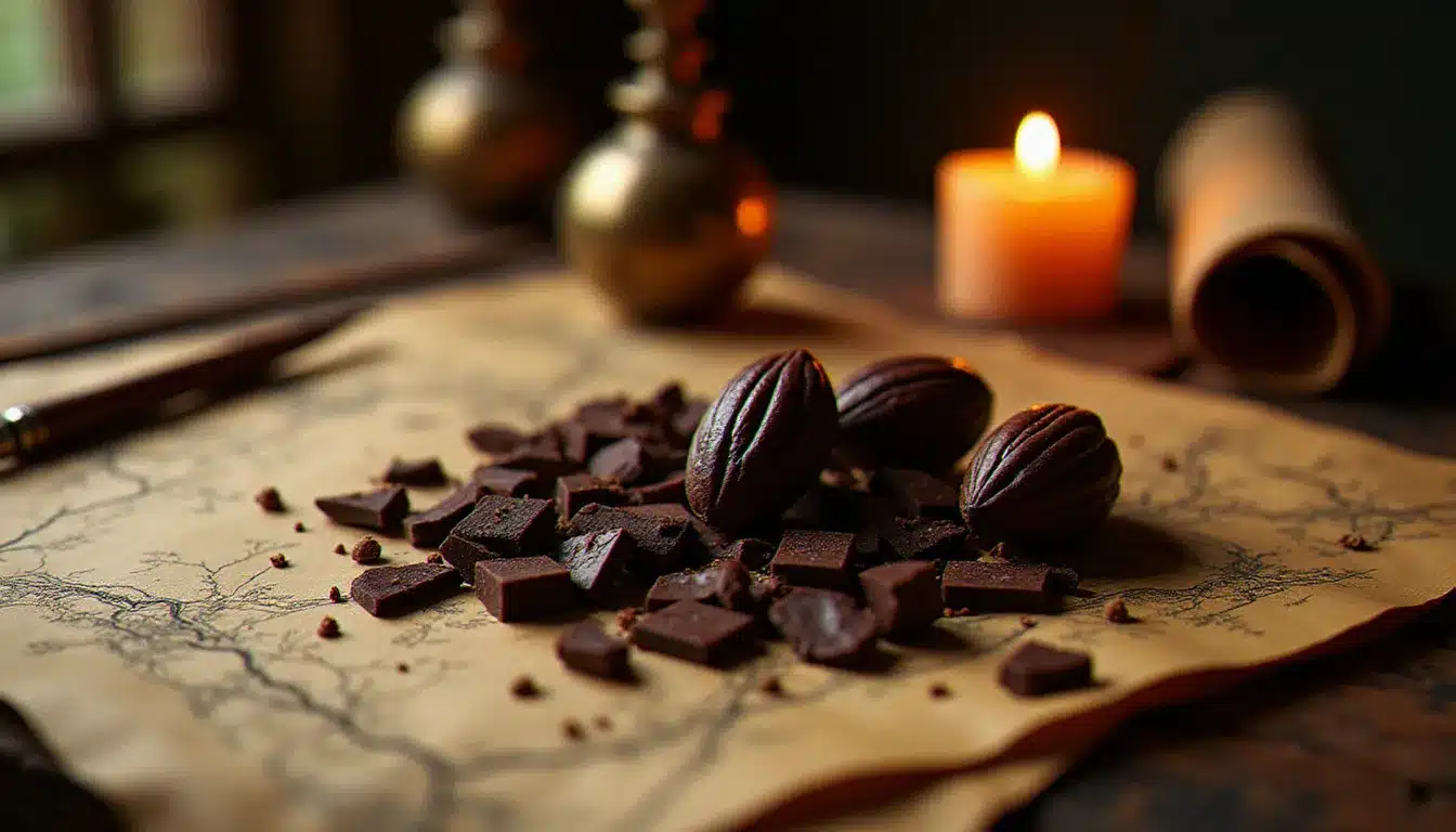 Éclats de chocolat noir et cabosse de cacao posés sur des cartes anciennes à la lumière d'une bougie, évoquant l'idée d'un évènement divergent en uchronie chocolatière