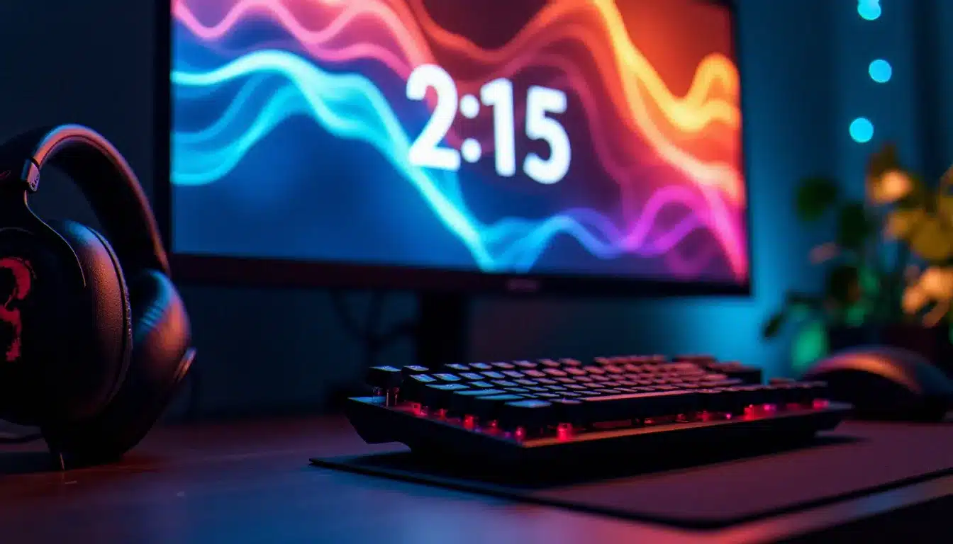 Setup gaming avec écran affichant un compte à rebours avant un événement Fortnite ce soir, éclairage RGB ambiant sur bureau