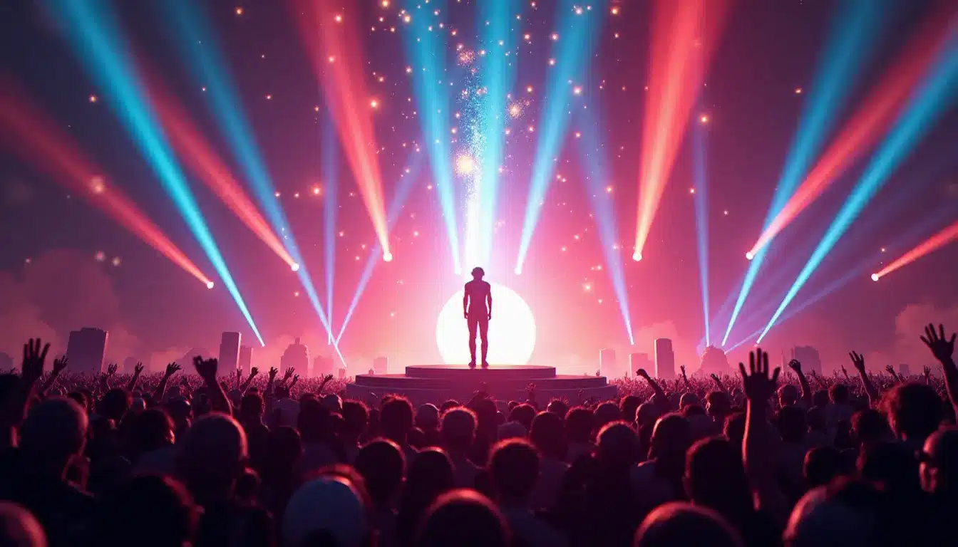 Concert live in-game Fortnite avec silhouette géante lumineuse sur scène et milliers de joueurs rassemblés sous des effets de lumière spectaculaires