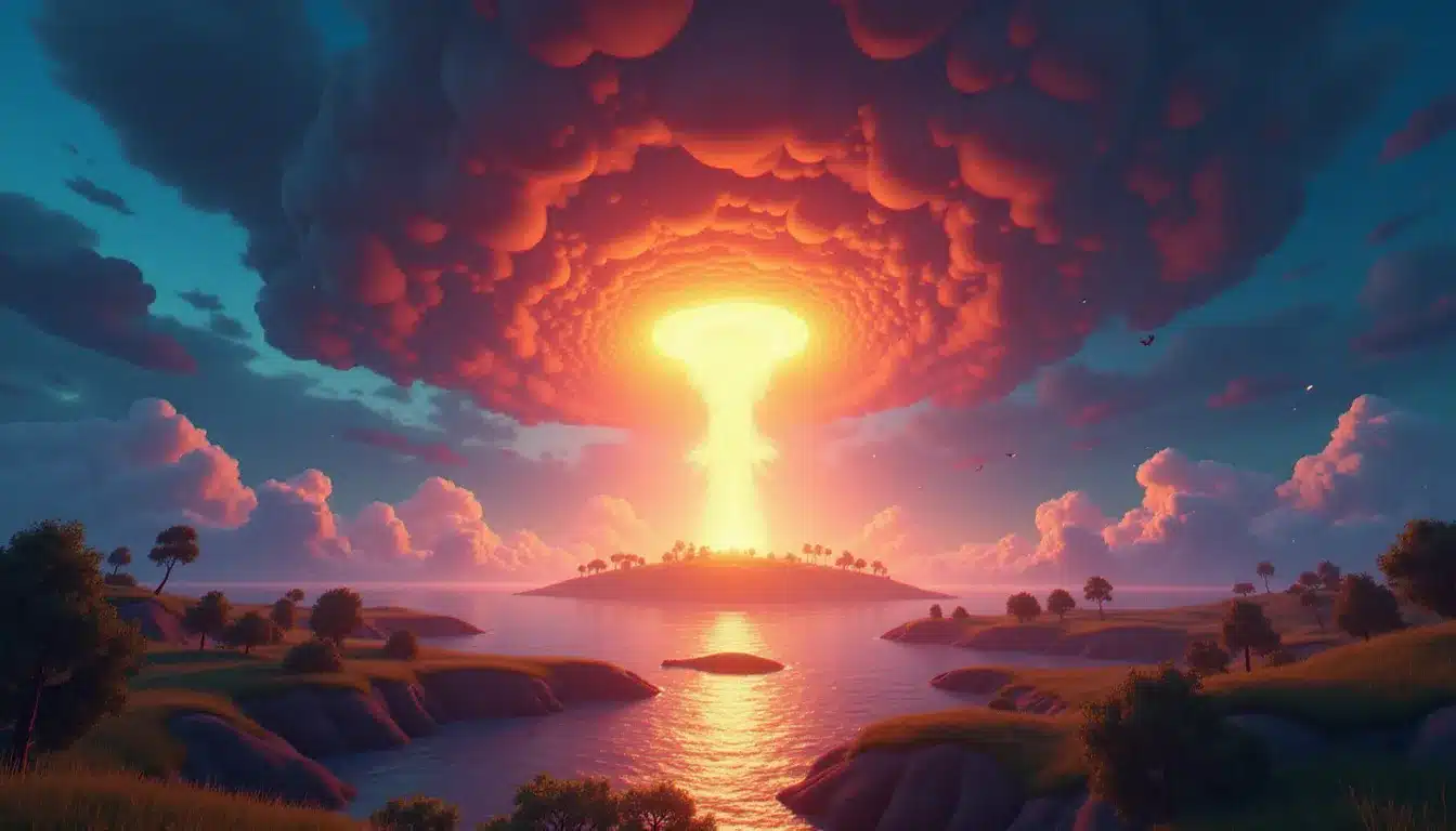 Événement live Fortnite ce soir avec un vortex lumineux et des effets visuels spectaculaires au-dessus de l'île de jeu