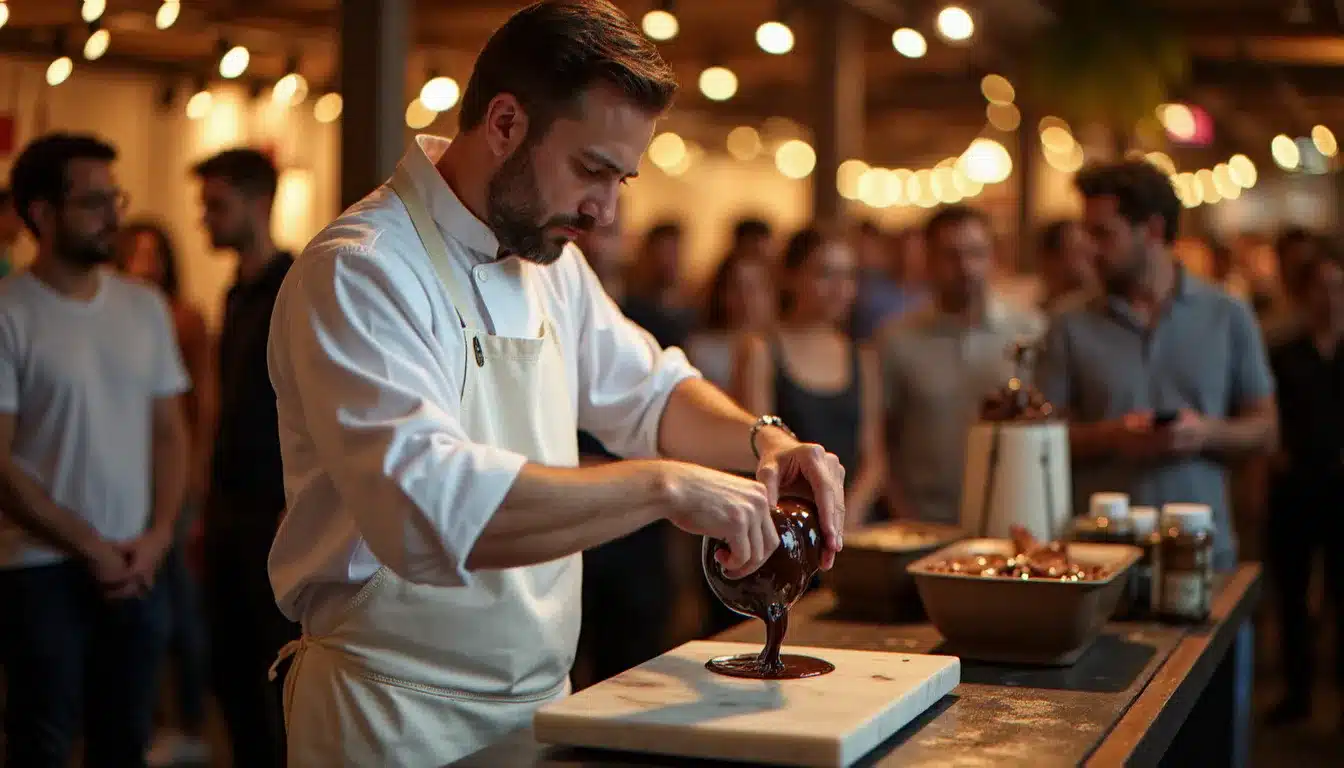 Chocolatier artisan réalisant une démonstration en direct lors d'un événement chocolat, versant du chocolat noir brillant sur un plan de travail en marbre devant un public attentif