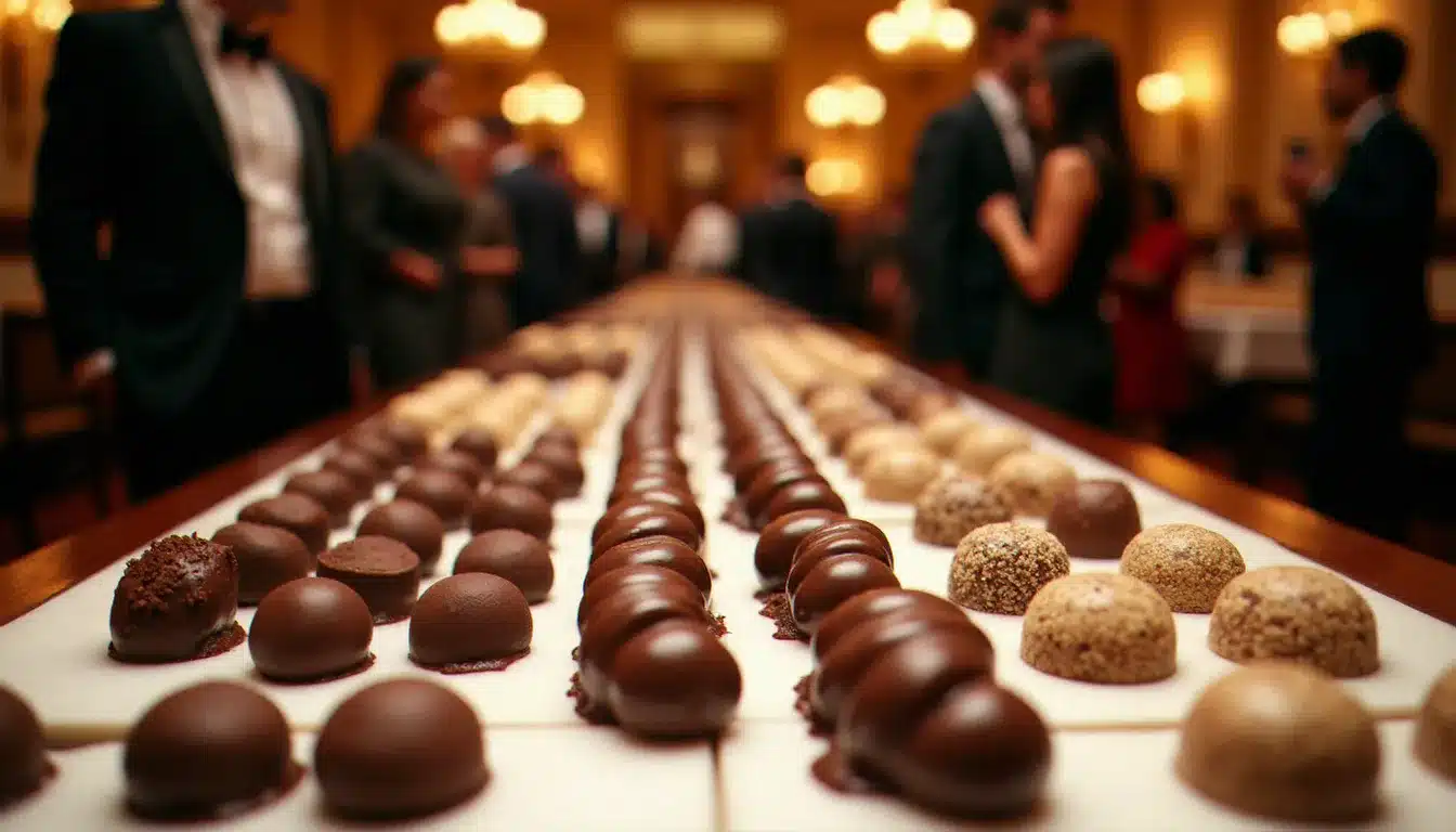 Vue d'ensemble d'un événement chocolatier élégant dans un salon parisien, avec des tables chargées de bonbons artisanaux et une foule de visiteurs gourmands en arrière-plan