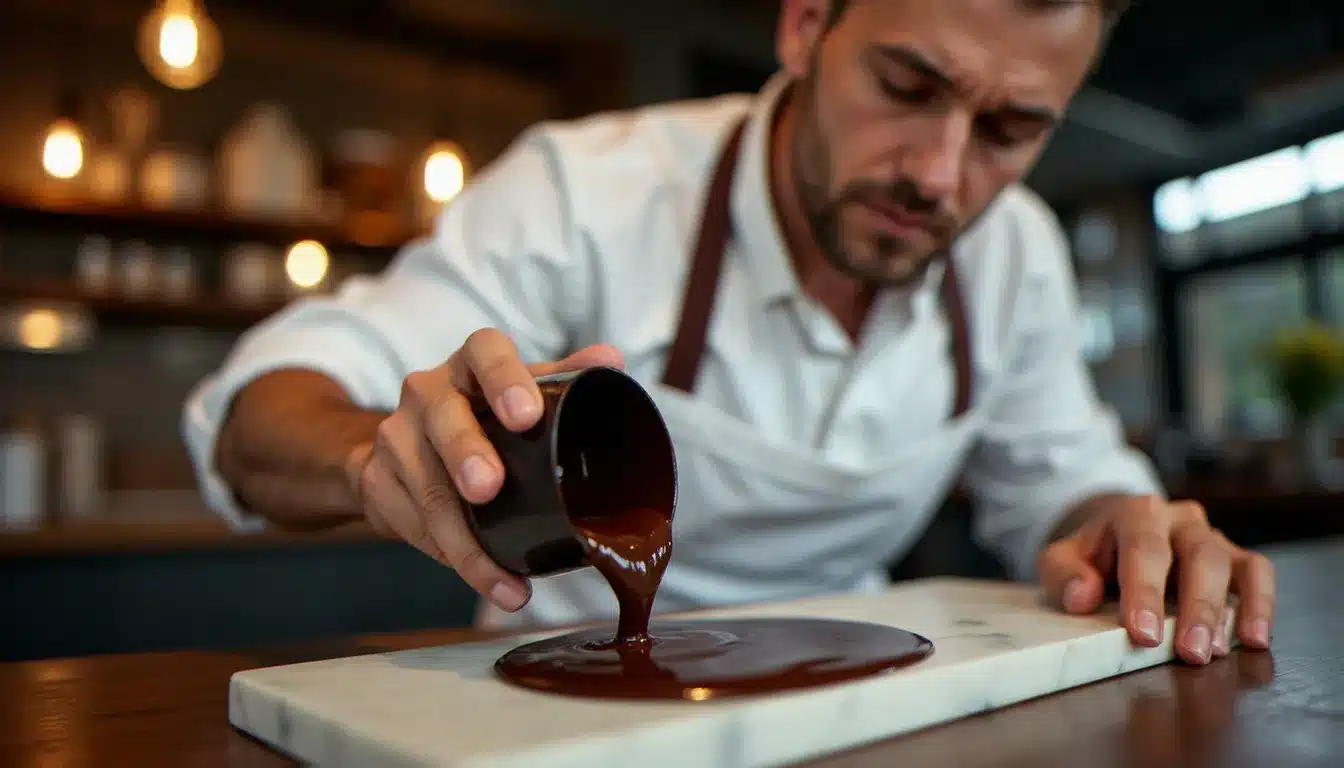 Un maître chocolatier en tablier blanc réalisant une démonstration de tempérage du chocolat en direct lors de l'événement au Parc des Princes