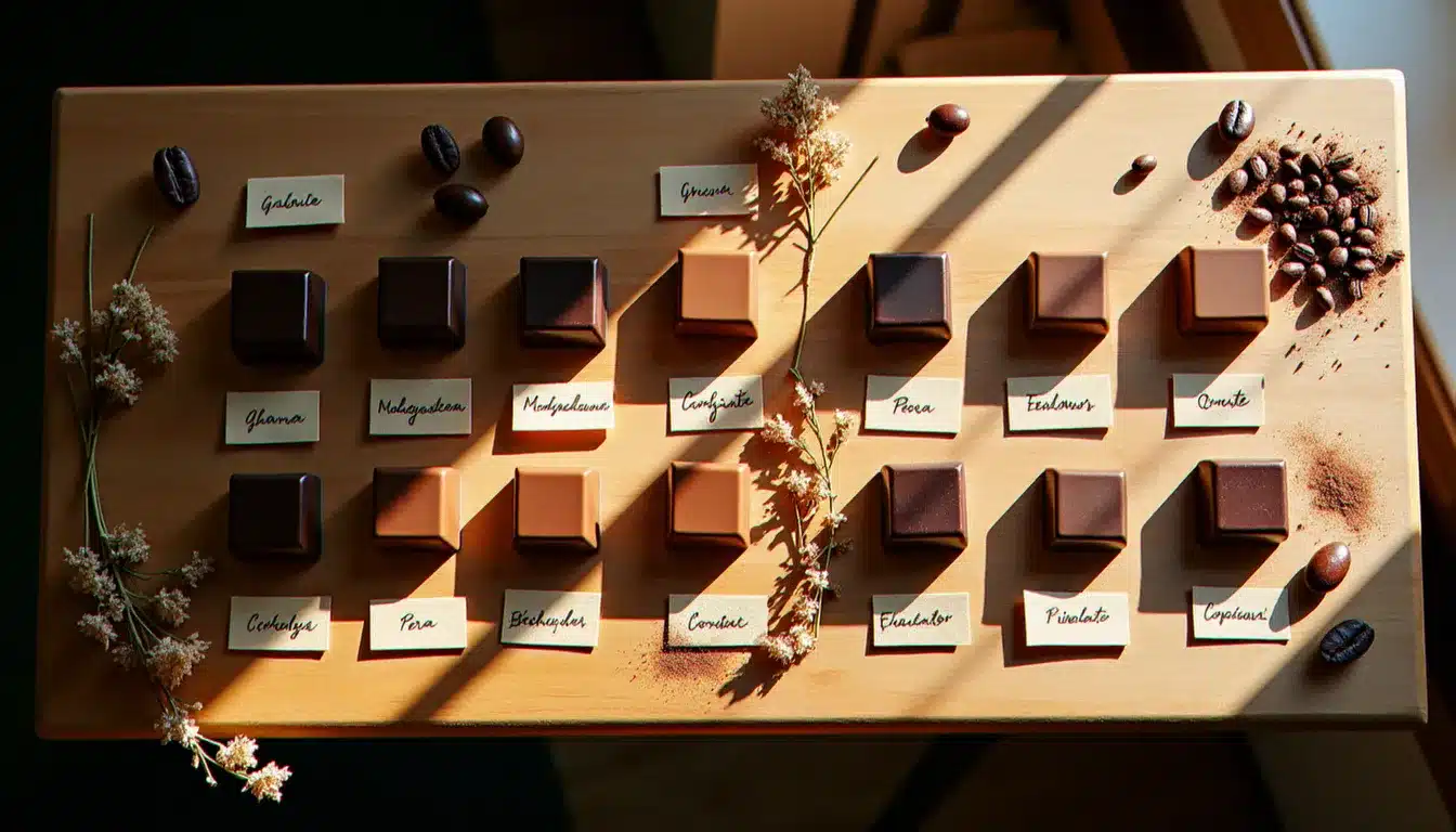 Table de dégustation de chocolats artisanaux par terroir lors de l'événement chocolat au Parc des Princes, avec des origines du Ghana, Madagascar et Pérou
