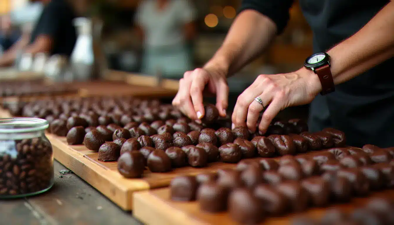 Chocolatier artisan arrangeant ses tablettes et ganaches sur un stand en plein air lors de la Grande Fête du Chocolat à Lyon