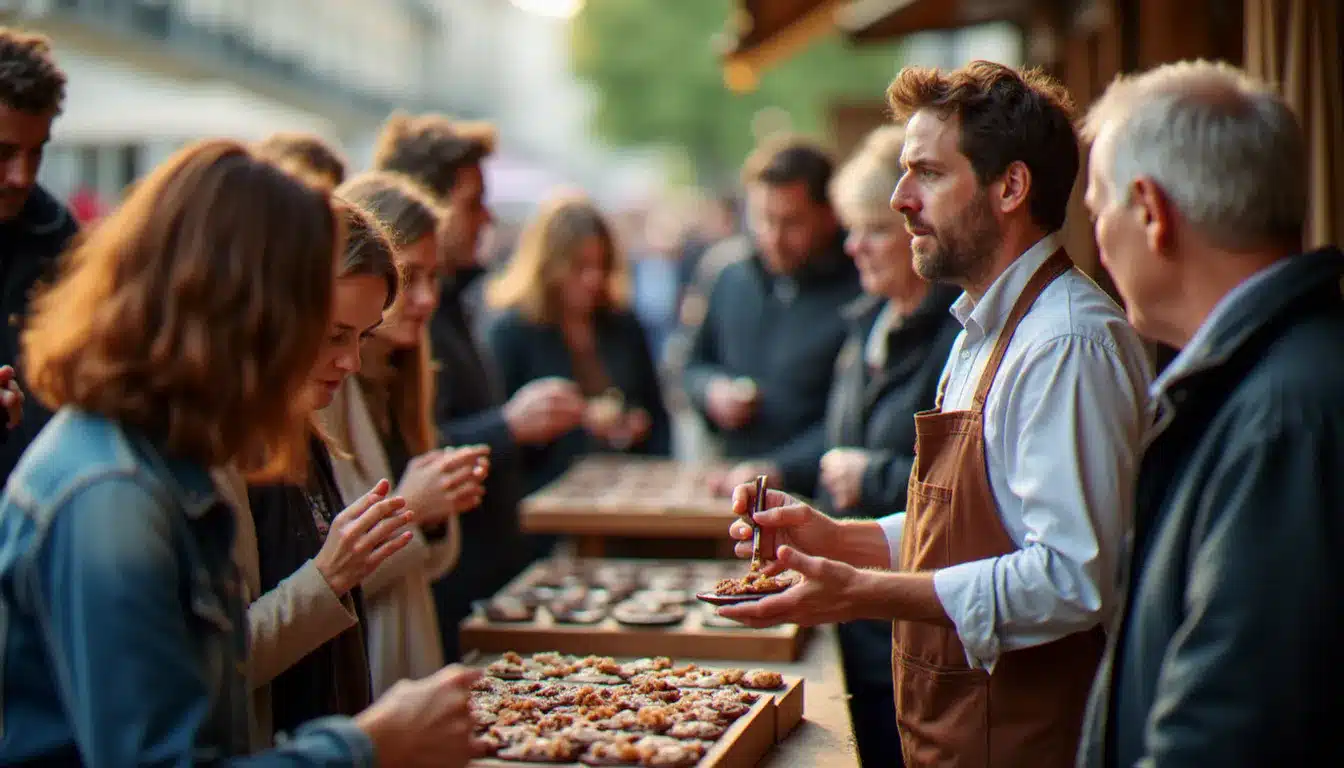 Visiteurs participant à une dégustation guidée de chocolat lors de l'événement festif place Bellecour à Lyon