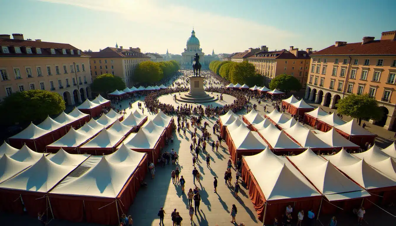 Vue aérienne de l'événement place Bellecour Lyon aujourd'hui avec les stands de chocolatiers artisanaux et les visiteurs sous le soleil