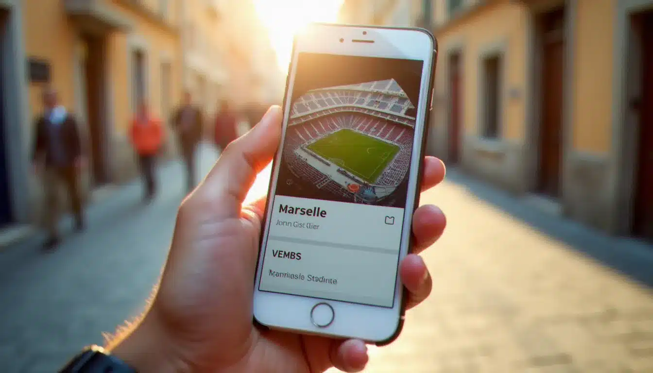 Main tenant un smartphone affichant le calendrier des événements d'un stade à Marseille, pour vérifier quel événement se passe aujourd'hui