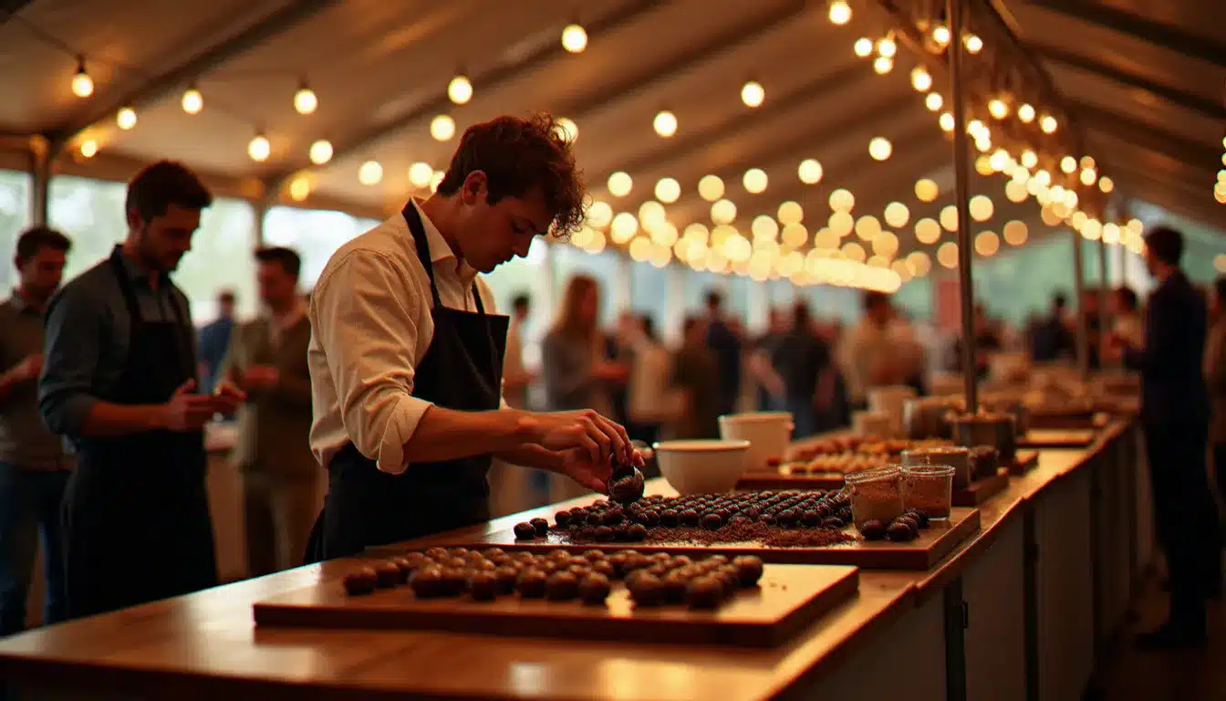 Chocolatier artisan versant du chocolat fondu lors d'une fête gourmande dans une grande salle événementielle, visiteurs en train de déguster en arrière-plan