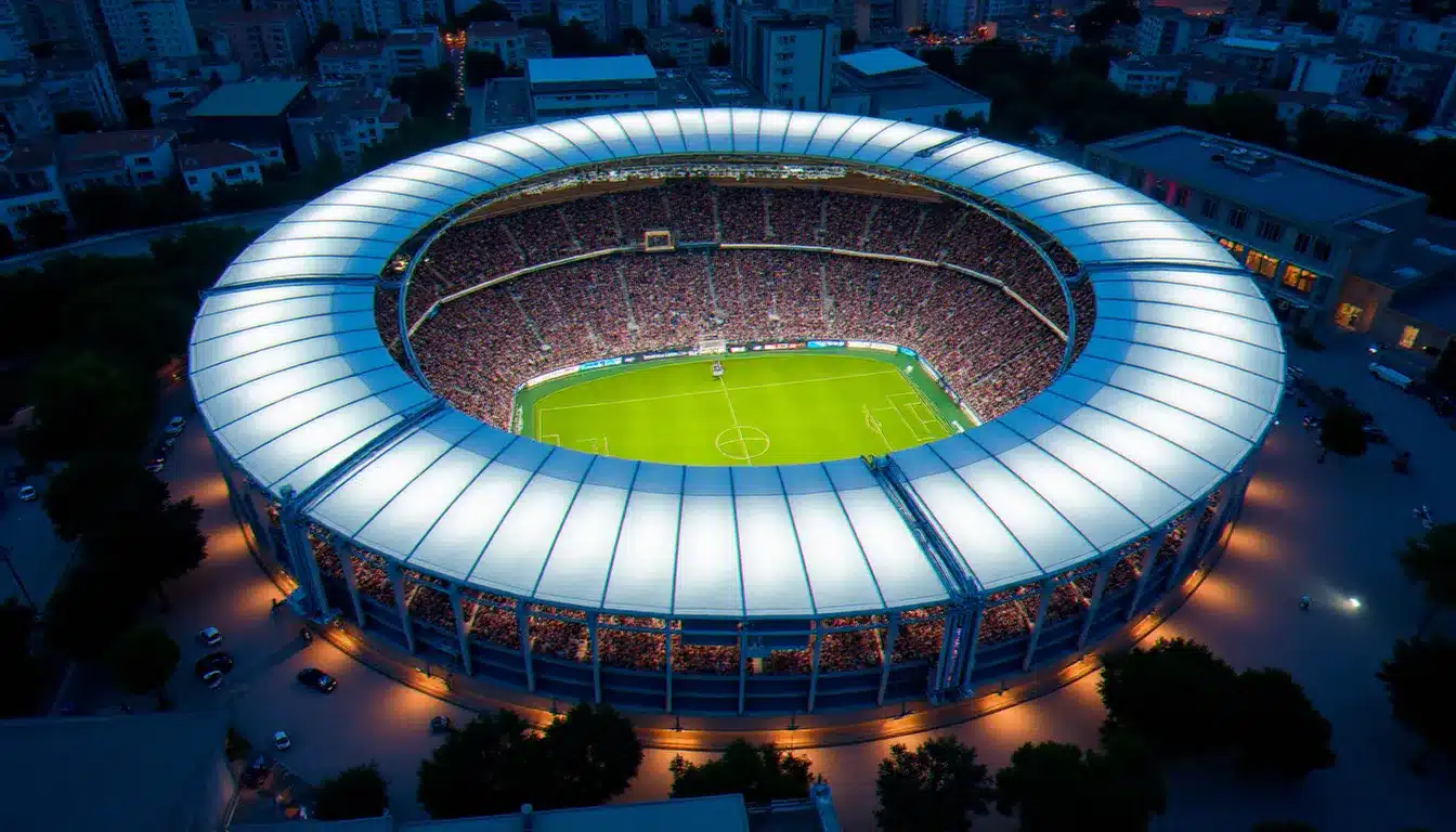 Vue aérienne de l'Orange Vélodrome à Marseille lors d'un événement en soirée, stade illuminé sous un ciel méditerranéen — événement stade vélodrome aujourd'hui