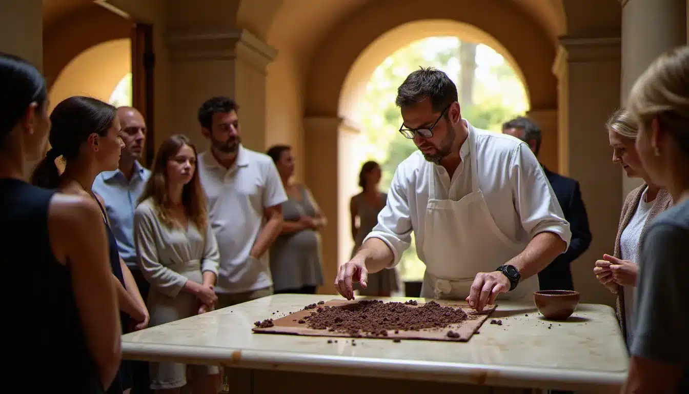 Démonstration de tempérage du chocolat par un artisan lyonnais dans une traboule du Vieux Lyon lors d'un événement gourmand