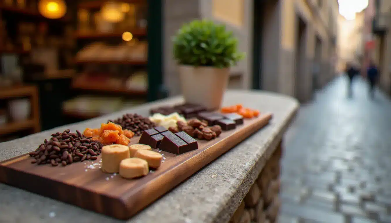 Plateau de dégustation de chocolats single origin présenté lors d'un événement dans le Vieux Lyon, avec fèves de cacao et accompagnements aromatiques
