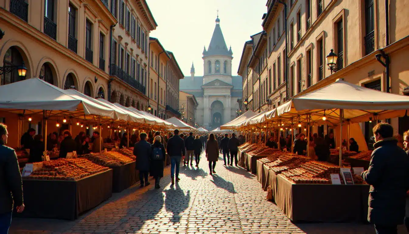 Vue sur un événement chocolat dans le Vieux Lyon aujourd'hui avec des stands d'artisans chocolatiers installés entre les façades Renaissance de la rue Saint-Jean