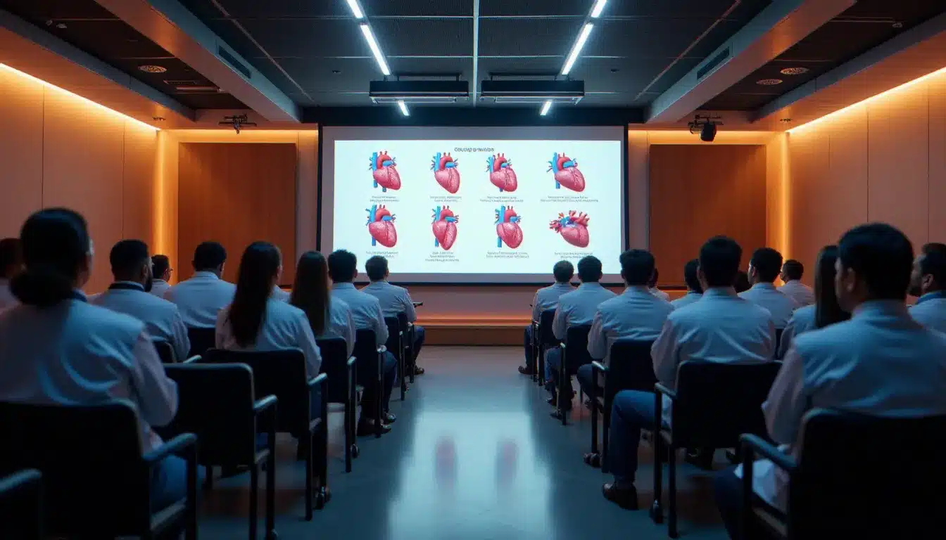 Salle de conférence médicale avec des cardiologues assistant à un colloque sur les maladies coronariennes, représentant les événements à venir de angine de poitrine en France