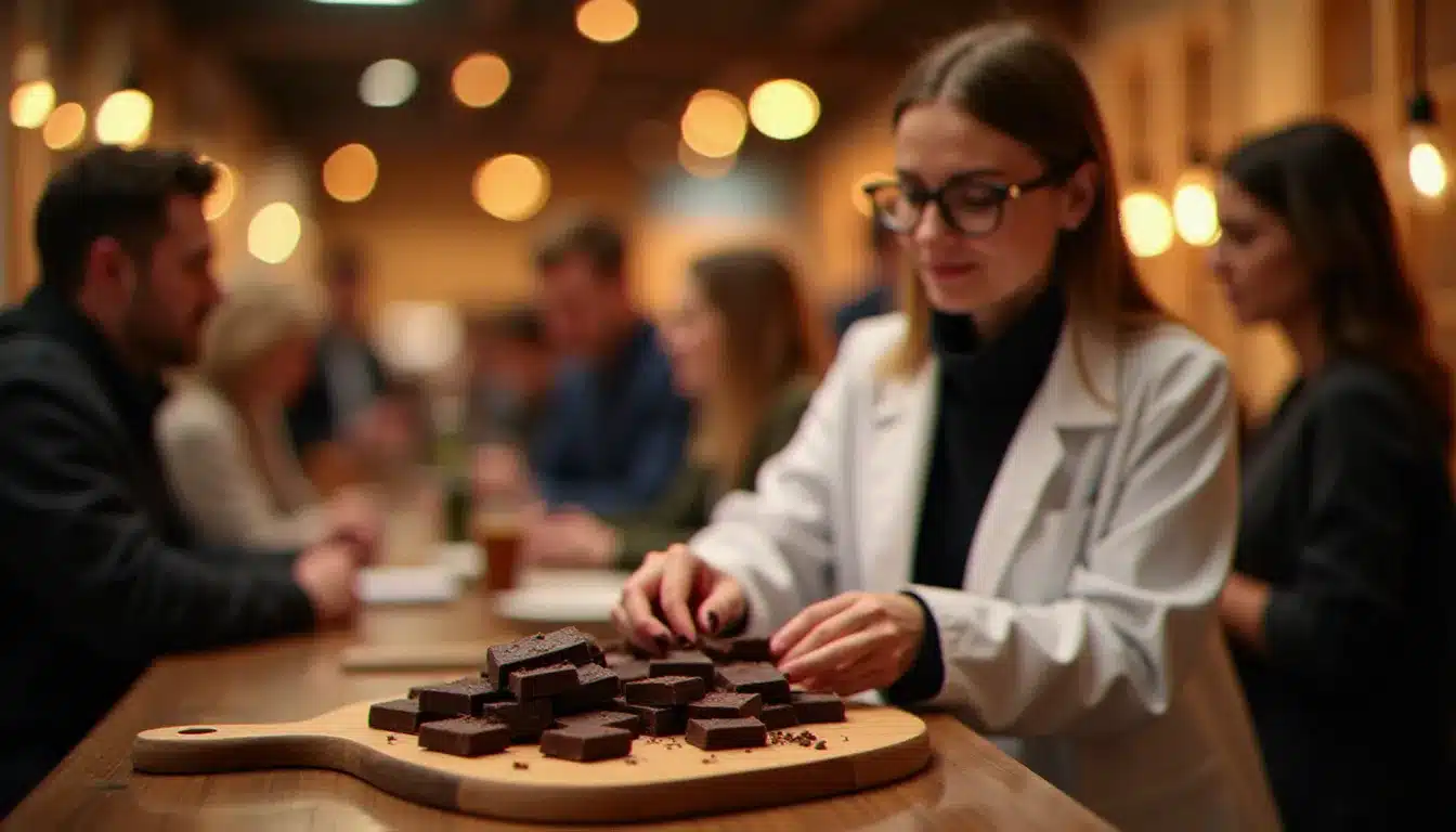 Nutritionniste présentant des carrés de chocolat noir artisanal à des visiteurs dans un salon gourmand, illustrant la convergence entre événements chocolatiers et prévention cardiovasculaire