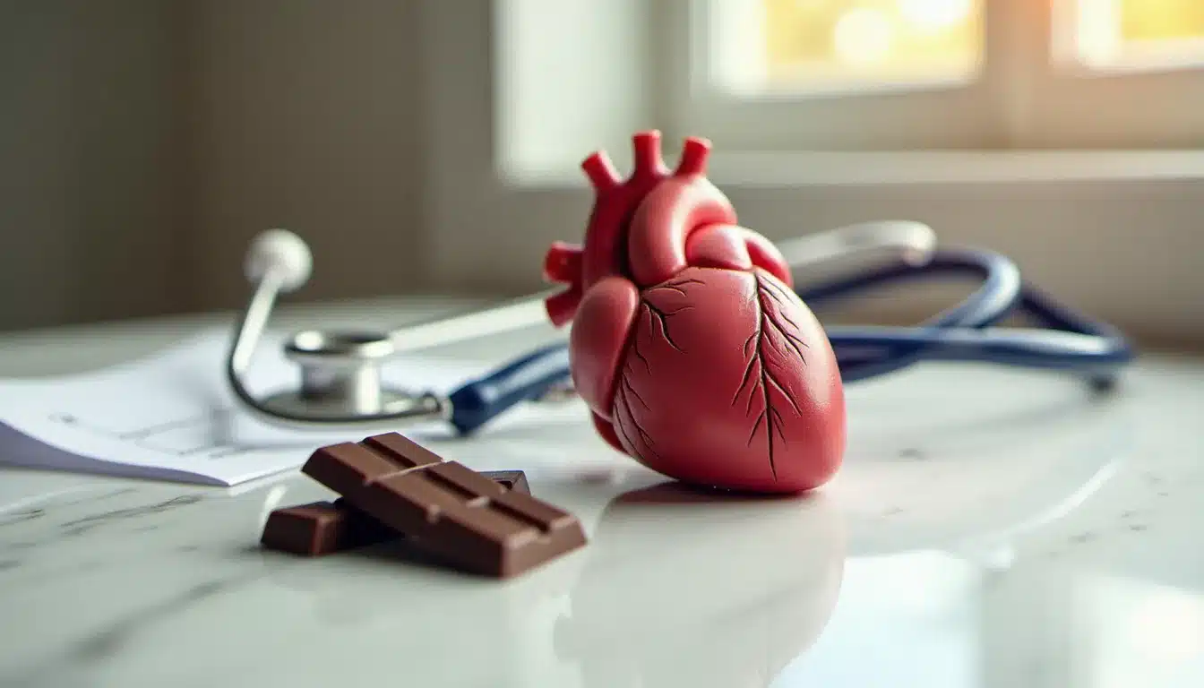 Modèle anatomique du cœur posé sur du marbre blanc à côté d'un carré de chocolat noir et d'un électrocardiogramme, illustrant le lien entre les événements à venir de angine de poitrine et la nutrition cardioprotectrice