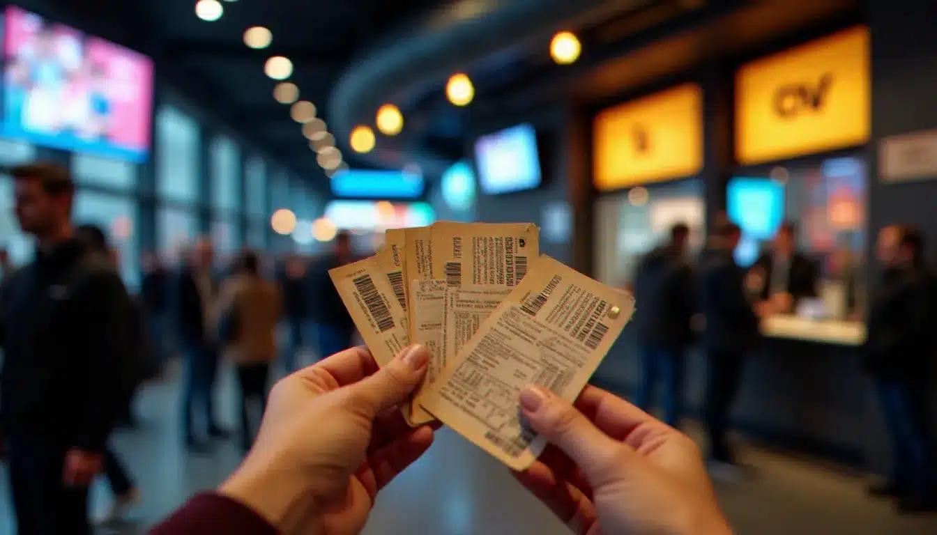 Mains tenant des billets de concert devant un guichet de billetterie moderne, illustrant le processus d'achat de places pour les prochains événements musicaux