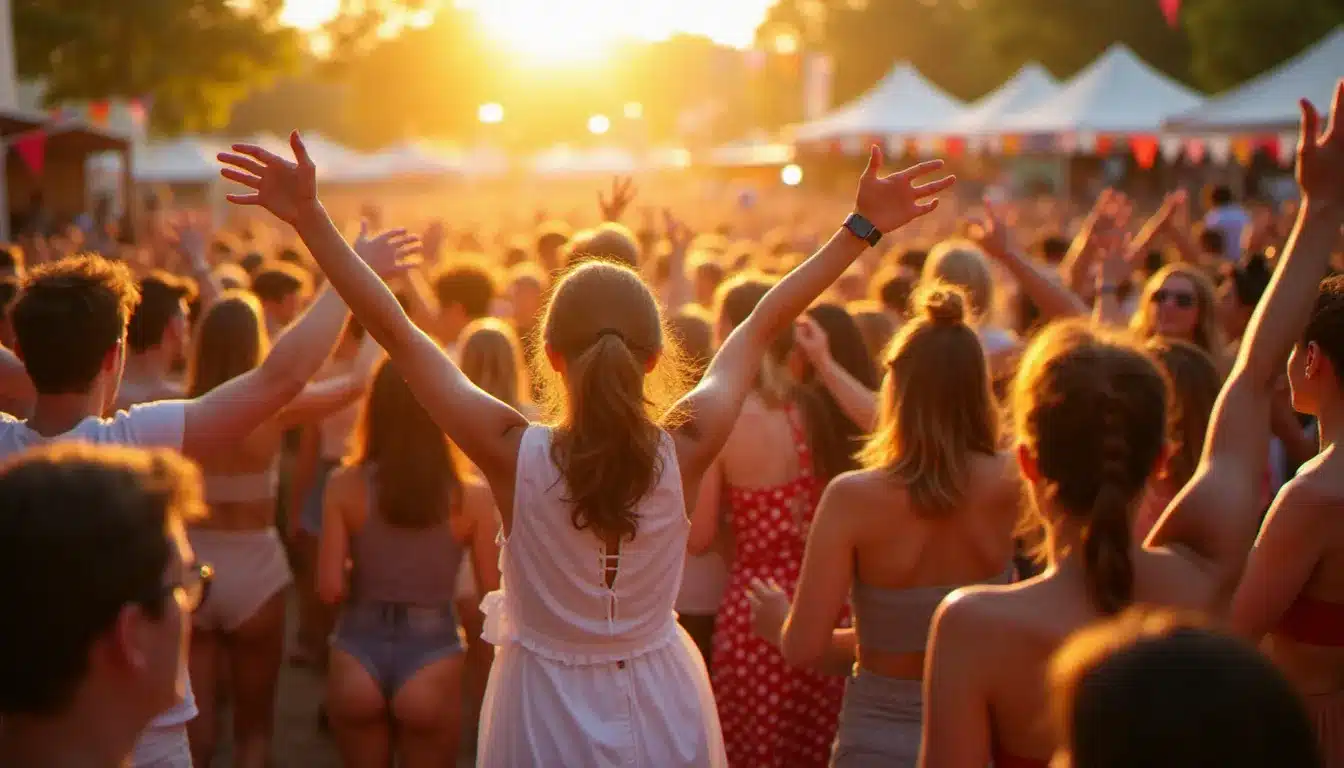 Scène d'un festival musical estival en fin de journée avec une foule diverse qui danse, des stands gastronomiques artisanaux en arrière-plan, lumière dorée du coucher de soleil créant une atmosphère festive et chaleureuse