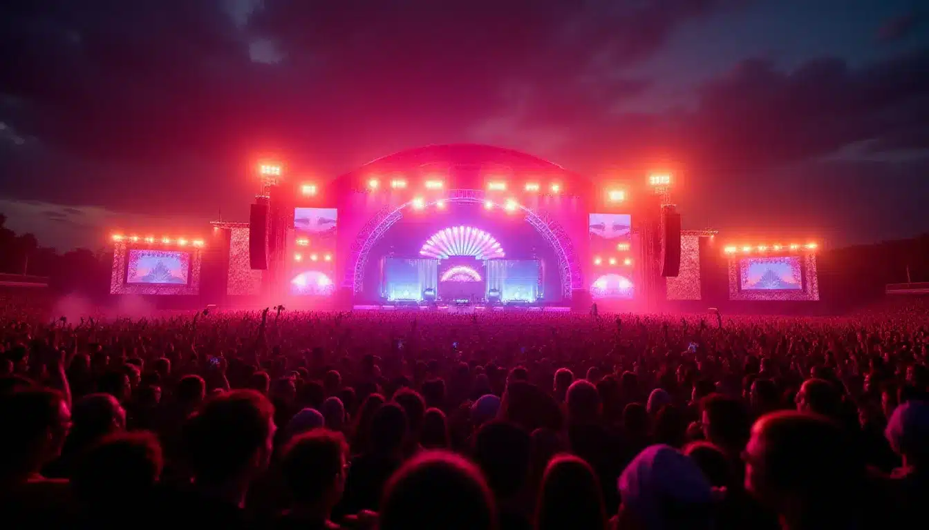 Vue aérienne d'un grand concert en plein air la nuit avec des dizaines de milliers de spectateurs les bras levés, scène illuminée de couleurs vives roses et oranges, illustrant l'atmosphère festive des événements à venir de Aya Nakamura