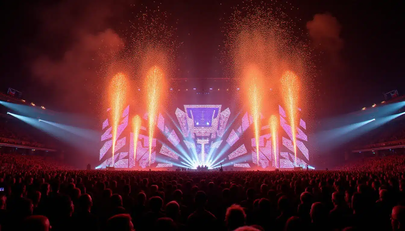 Production scénique spectaculaire lors d'un concert Bad Bunny avec lumières LED et confettis au-dessus de la foule