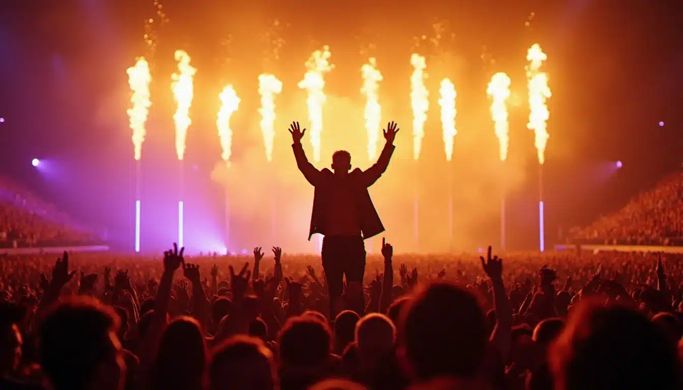 Événement de Bad Bunny en stade avec feux d'artifice et foule lors d'une tournée mondiale