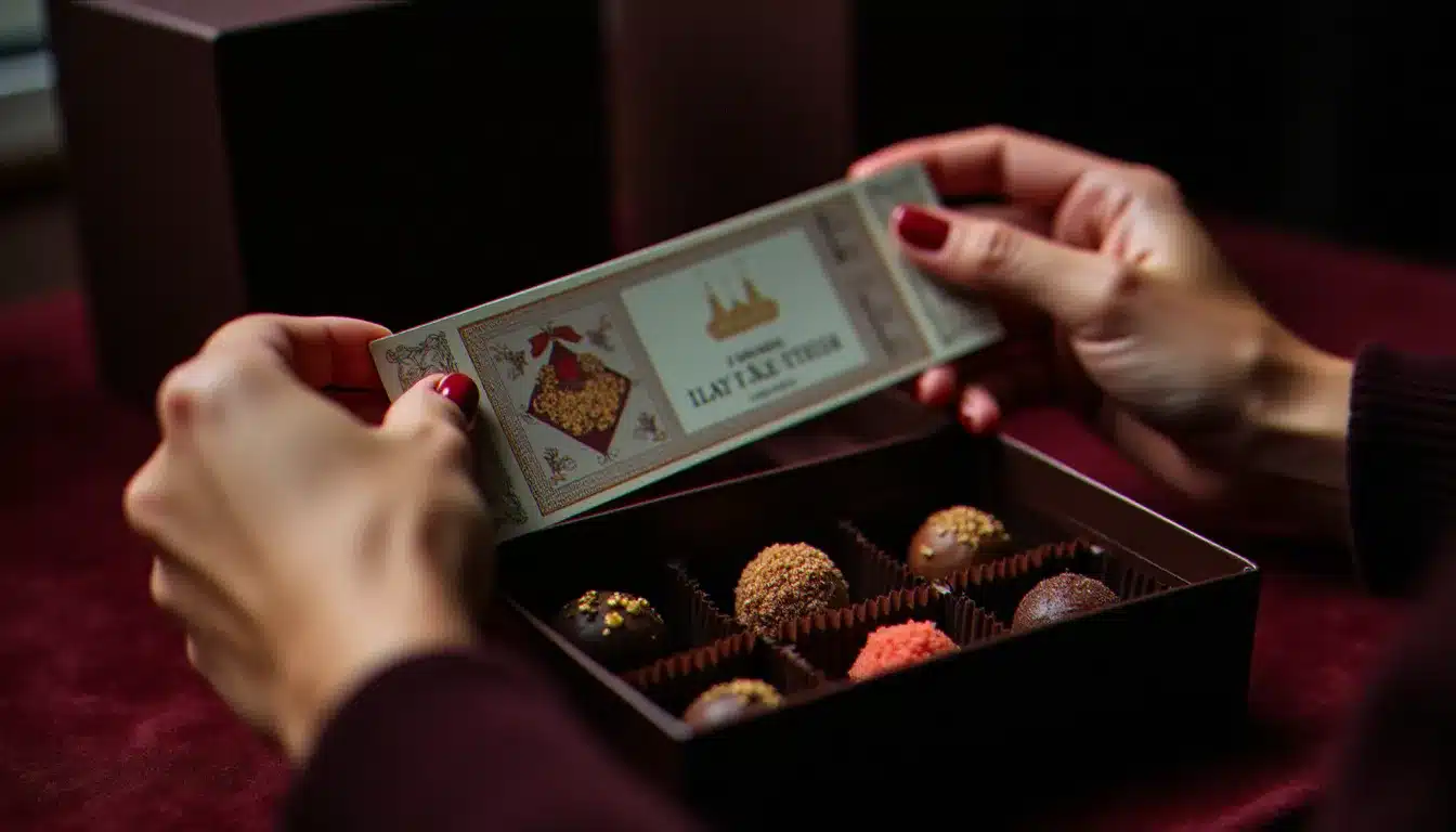 Mains tenant un billet de concert de luxe à côté d'une boîte de chocolats artisanaux ouverte sur fond de velours sombre