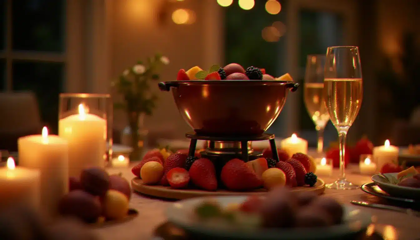 Table dressée pour une soirée élégante à la maison avec une fondue au chocolat, des fruits frais, des macarons et des bougies allumées dans une lumière chaleureuse