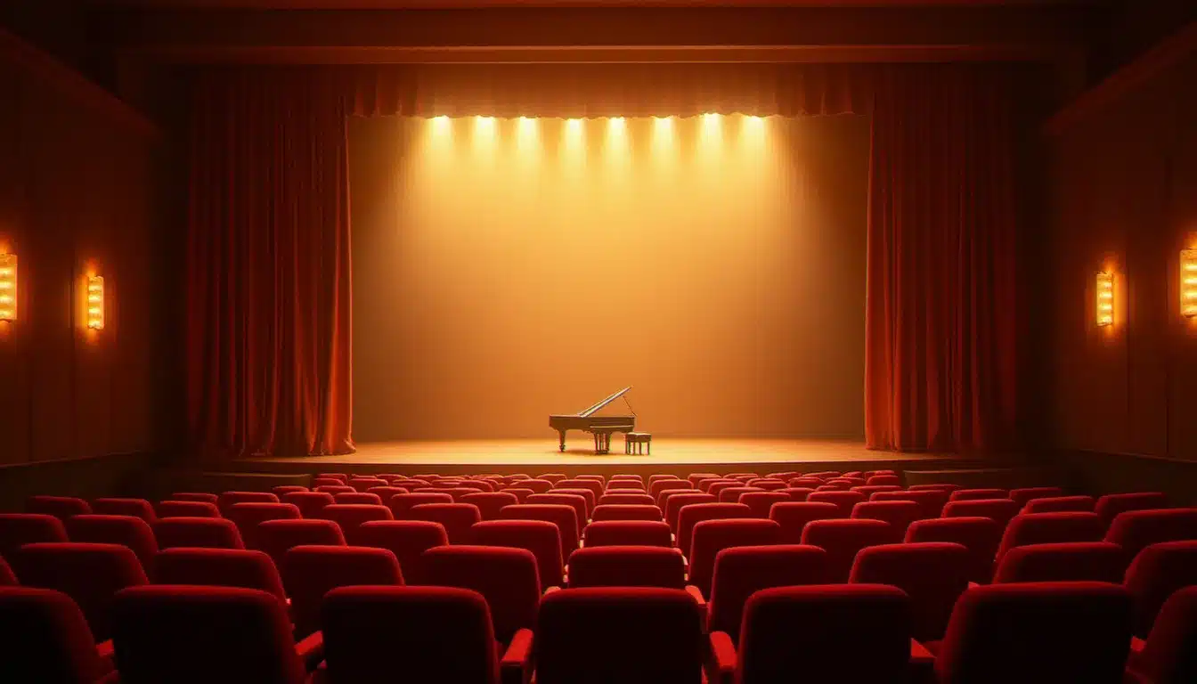 Salle de concert élégante aux lumières dorées avec une scène vide et un piano à queue, évoquant l'ambiance des événements à venir de Céline Dion