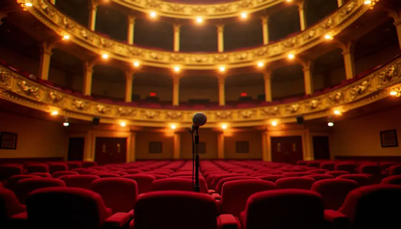 Salle de concert parisienne aux balcons dorés et fauteuils velours rouge, avant le début d'un événement musical intimiste
