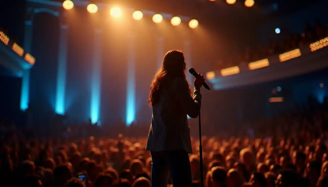 Chanteur français de pop lors d'un concert intimiste sur scène éclairée, illustrant les événements à venir de Christophe Willem en 2026