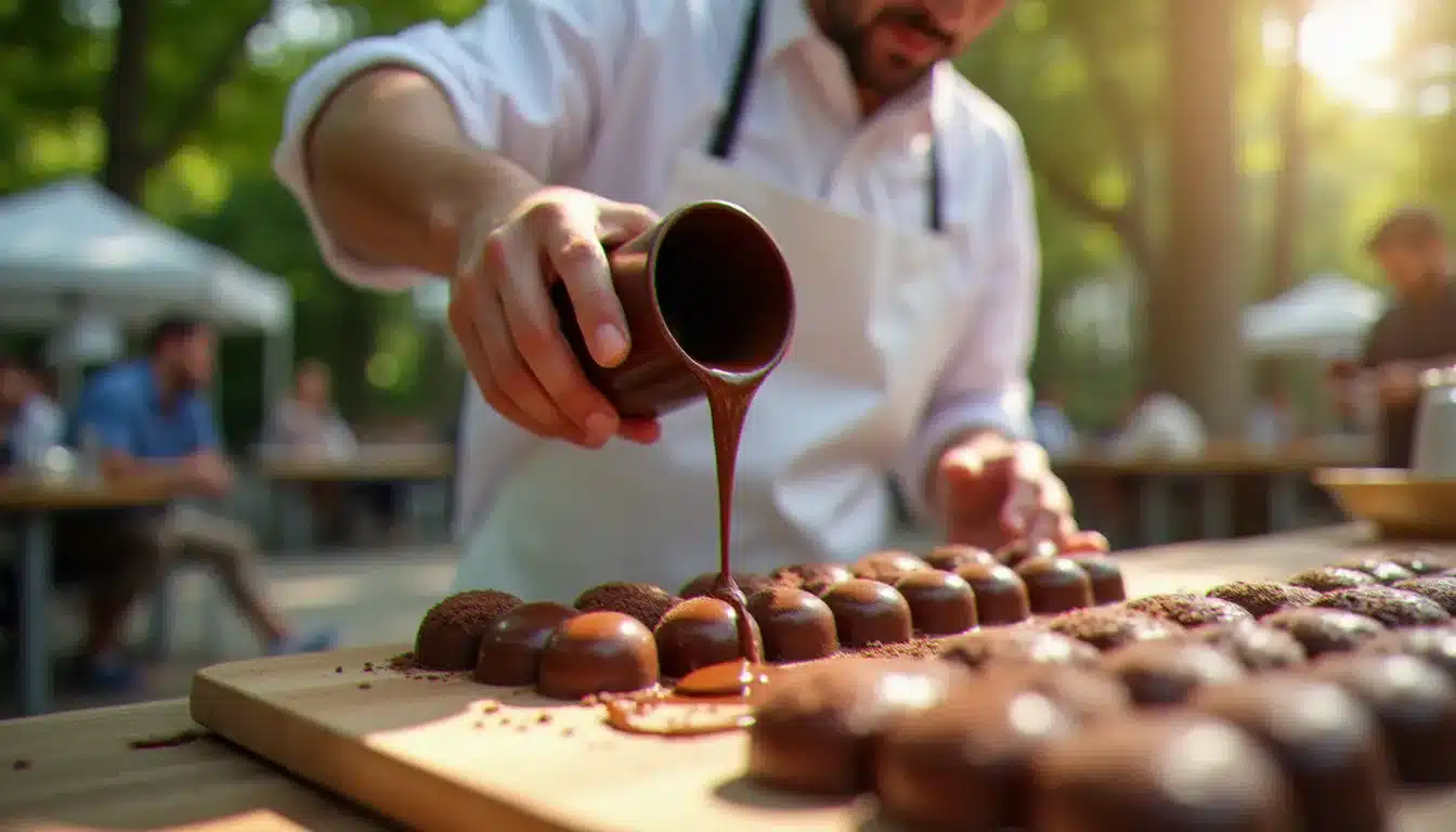 Maître chocolatier coulant du chocolat noir dans des moules lors d'une démonstration en direct pendant un événement de juillet