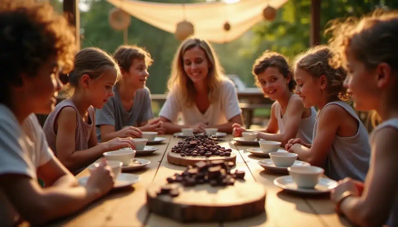 Groupe de participants à un atelier de dégustation de chocolat en juillet, avec fèves de cacao et tablettes disposées sur une planche en bois