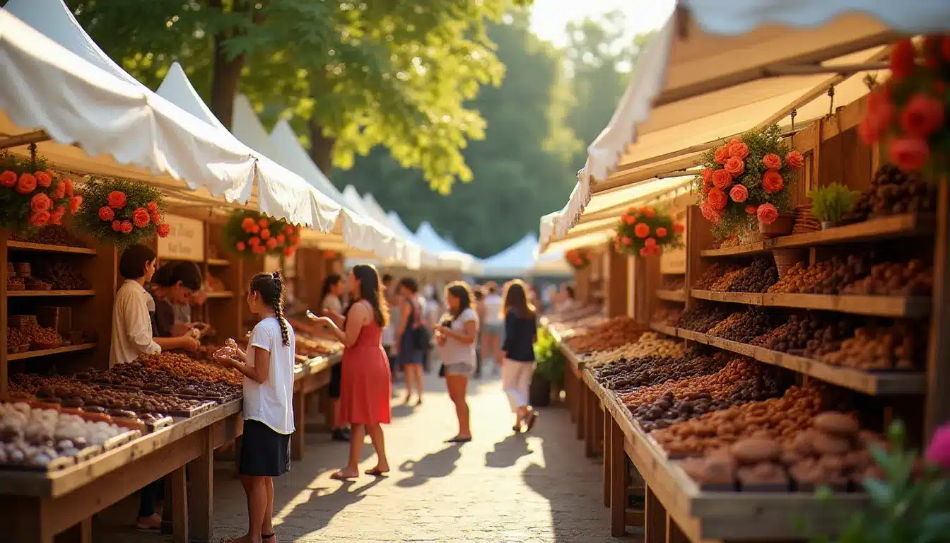 Vue panoramique d'un événement à venir de jul autour du chocolat artisanal, avec des stands de dégustation animés sous un soleil d'été