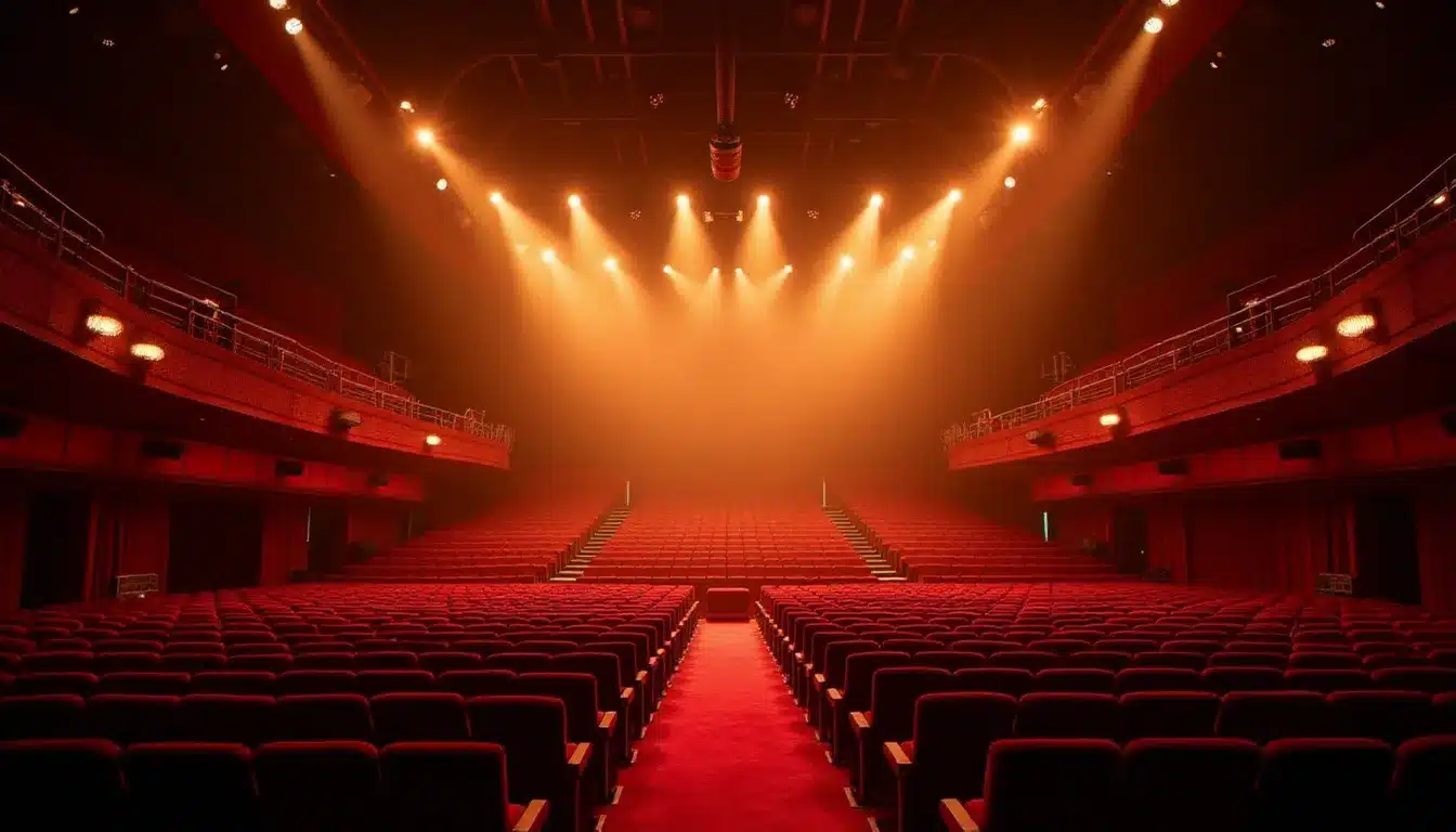 Grande salle de spectacle française aux sièges rouges en velours prête pour un concert, billetterie et organisation d'événements culturels