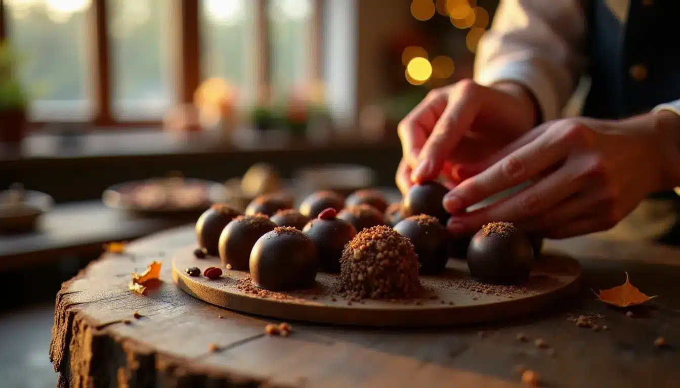 Chocolats artisanaux présentés sur une table en bois lors d'une fête du chocolat festive et gourmande en France à l'automne
