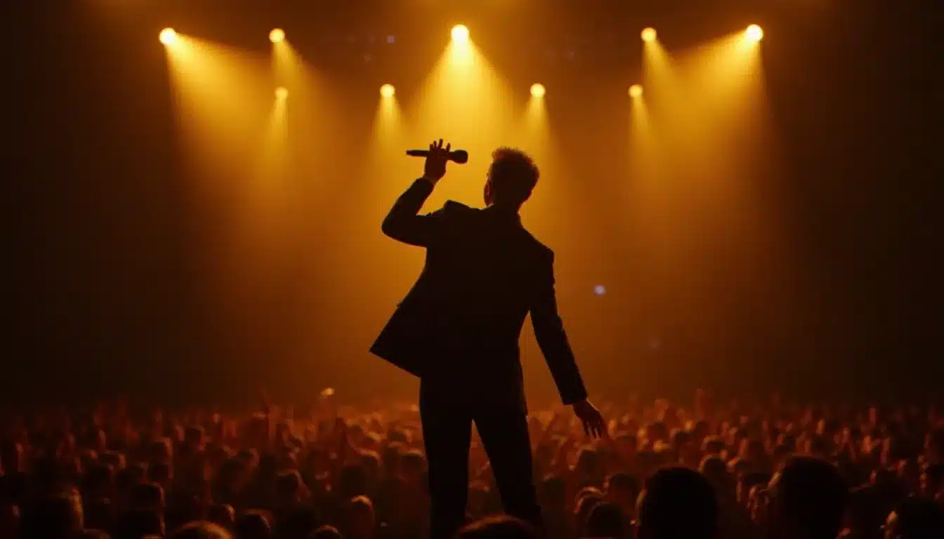 Un chanteur français emblématique sur scène lors d'un grand concert, illustration des événements à venir de Patrick Bruel en 2026