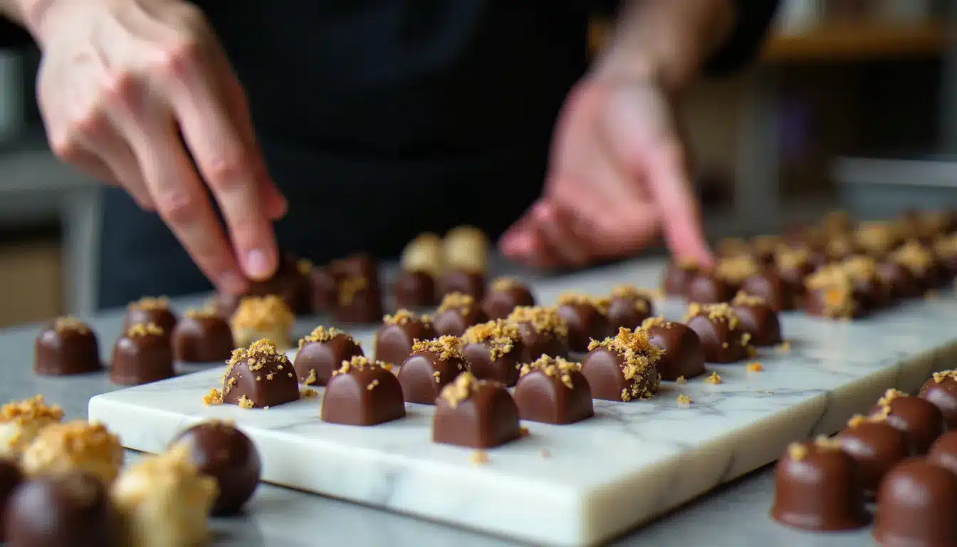 Mains d'un artisan chocolatier disposant des bonbons au chocolat sur un marbre lors d'un événement gourmand à Lyon