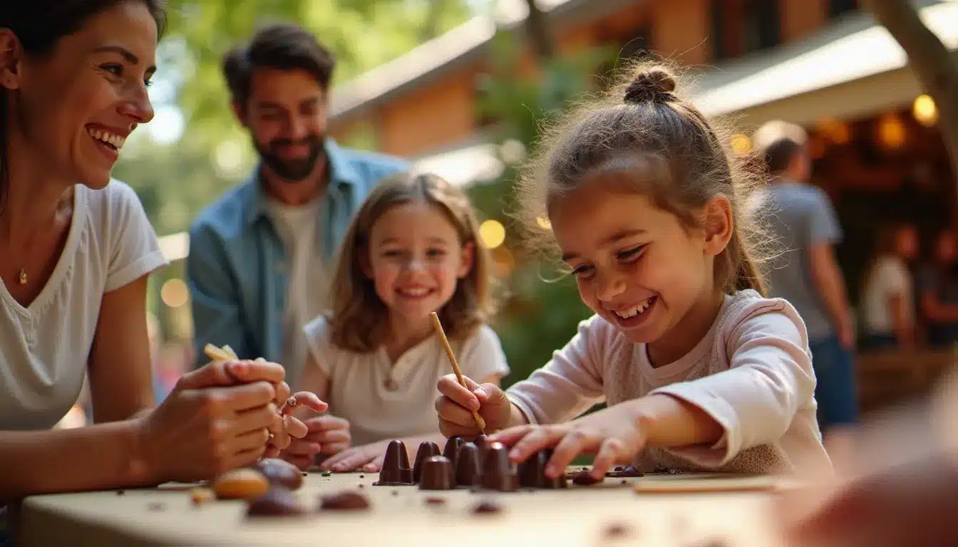 Famille avec enfants participant à un atelier de moulage de chocolat lors des événements Lyon ce week-end à la Grande Fête du Chocolat