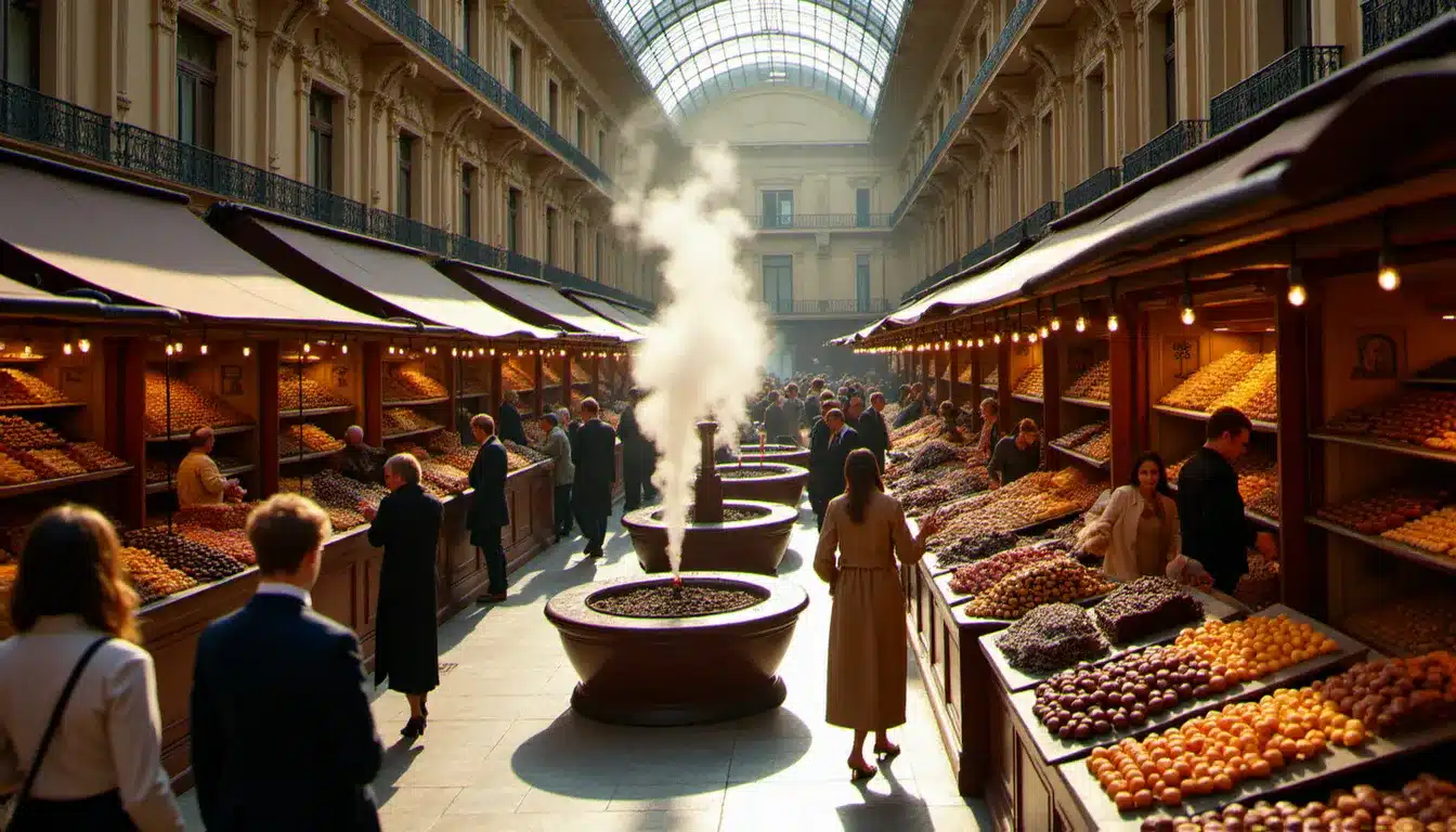 Vue d'ensemble d'une fête du chocolat à Lyon ce week-end avec des stands d'artisans chocolatiers et des visiteurs en train de déguster