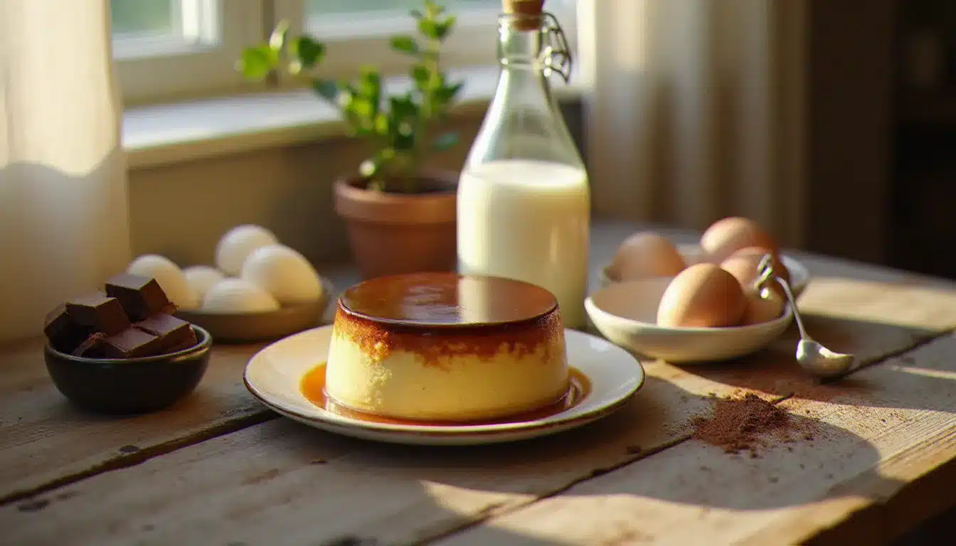 Ingrédients pour préparer un flan au chocolat disposés sur une table en bois : chocolat noir cassé, œufs frais, lait entier et sucre dans une cuisine rustique