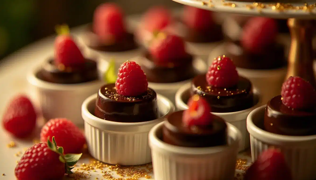 Buffet festif avec plusieurs petits flans au chocolat individuels en ramequins blancs, décorés de framboises fraîches et de feuilles d'or lors d'un événement gastronomique