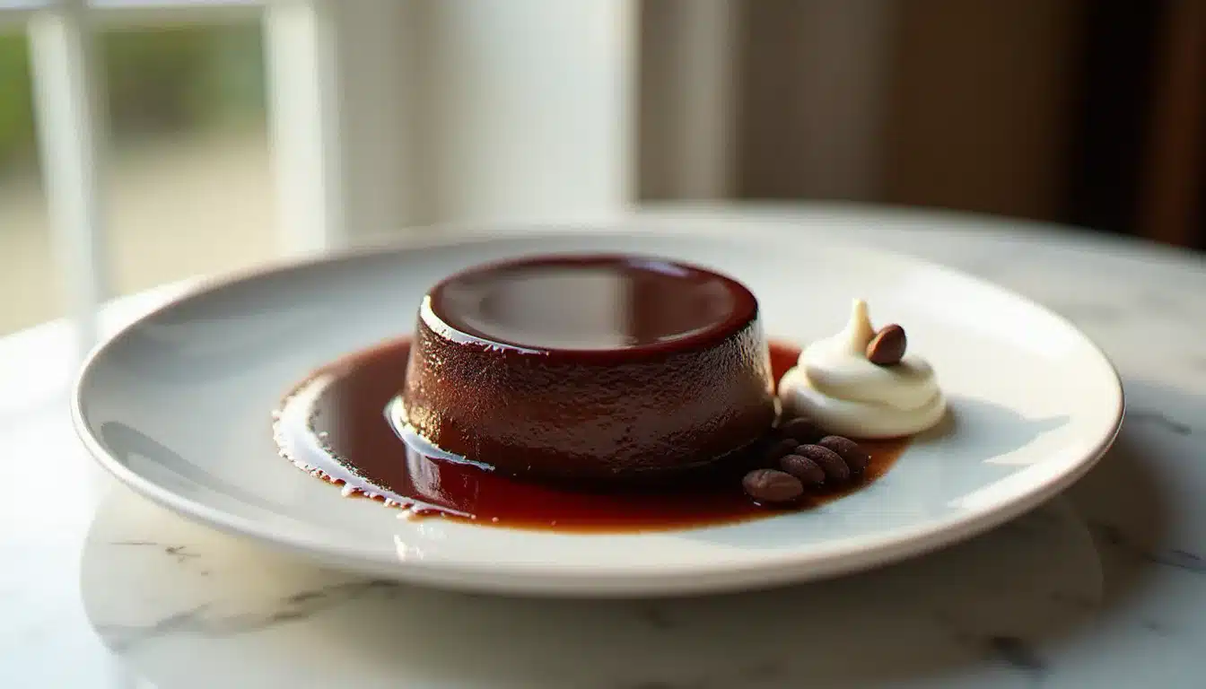 Flan au chocolat démoulé sur assiette blanche, brillant et fondant, accompagné d'une quenelle de crème fouettée et d'éclats de cacao
